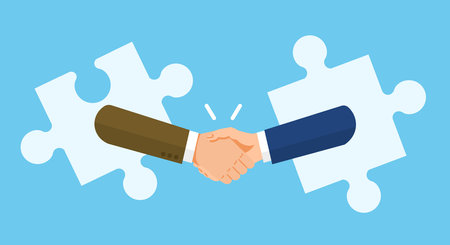 Flat illustration of a hand shaking hands with a puzzle, matching image, vectorのイラスト素材