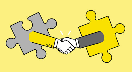 Flat illustration of a hand shaking hands with a puzzle, matching image, vectorのイラスト素材