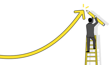 Businessman climbing ladder, drawing arrow in pencil, image of increased sales, concept illustration, vectorのイラスト素材