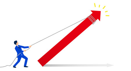 Illustration of a man pulling up an arrow, up concept image, vectorのイラスト素材