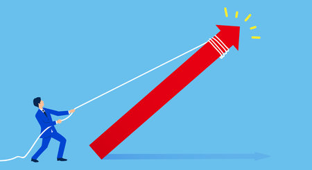 Illustration of a man pulling up an arrow, up concept image, vectorのイラスト素材