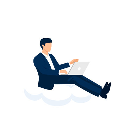 Cloud Computing and Remote Work Concept â Businessmen Working on Laptops Sitting on Cloudsのイラスト素材