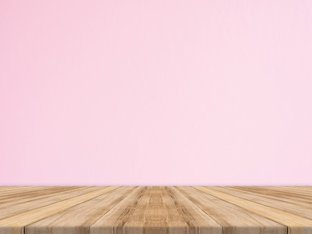 Empty tropical wood table top with pink concrete wall,Mock up background for display of productの写真素材
