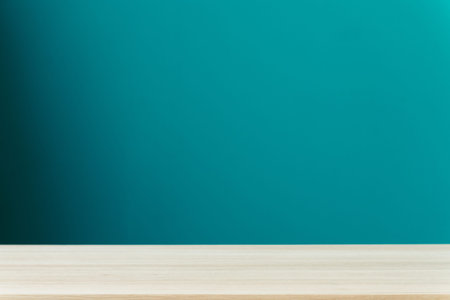 Abstract Natural wood table texture with deep blue gradient wall background, Top view of plank wood...