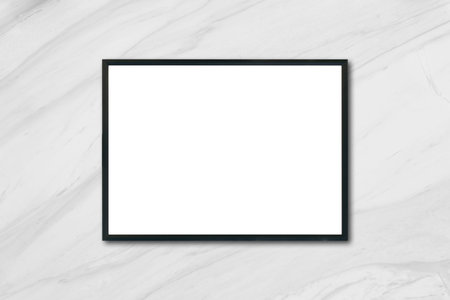 Mock up blank poster picture frame hanging on white marble wall in room - can be used mockup for montage products display and design key visual layout.の写真素材