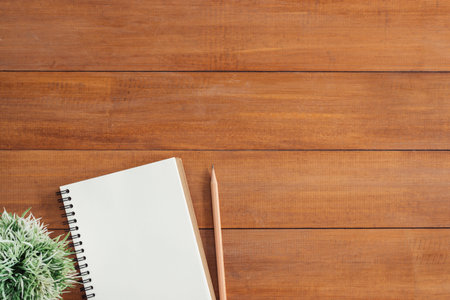 Minimal work space - Creative flat lay photo of workspace desk. Office desk wooden table background with open mock up notebooks and pens and plant. Top view with copy space, flat lay photography.の写真素材