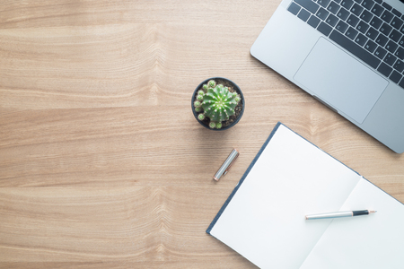 Minimal work space - Creative flat lay photo of workspace desk. Top view office desk with laptop, notebooks and plant copy space on wooden background. Top view with copy space, flat lay photography.の写真素材