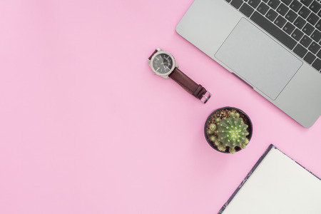 Minimal work space - Creative flat lay photo of workspace desk. Top view office desk with laptop, notebooks and plant copy space on color background. Top view with copy space, flat lay photography.の写真素材