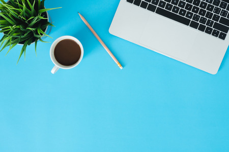 Office desk working space - Flat lay top view copy space of a working space with laptop, a coffee cup and little grass placing on blue pastel background. Pastel blue color background space concept.の写真素材