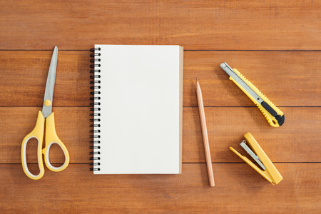 Minimal work space - Creative flat lay photo of workspace desk. Office desk wooden table background with open mock up notebooks and pens and plant. Top view with copy space, flat lay photography.の写真素材