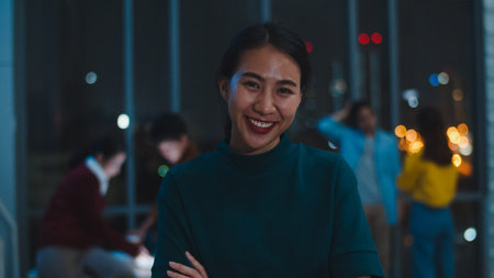 Portrait of successful executive businesswoman smart casual wear looking at camera and smiling,...
