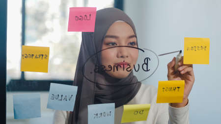 Asia muslim lady write information, strategy, reminder on glass board in new normal office.の写真素材