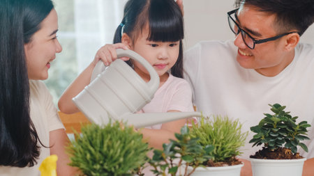 Happy cheerful Asian family dad, mom and daughter watering plant in gardening near window at house.の写真素材