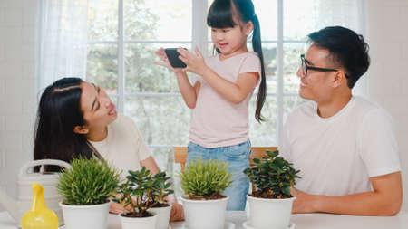 Happy cheerful Asian family dad, mom and daughter using smart phone taking pictures of plant in garden at house.の写真素材