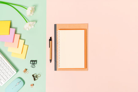 Creative flat lay photo of workspace desk. Top view office desk with keyboard, mouse and open mockup...
