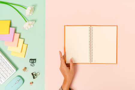 Creative flat lay photo of workspace desk. Top view office desk with keyboard, mouse and open mockup black notebook on pastel green pink color background. Top view mock up with copy space photography.の写真素材
