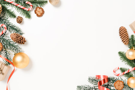 Minimal creative flat lay of christmas traditional composition and new year holiday season. Top view winter christmas decorations on white background with blank space for text. Copy space photography.の写真素材