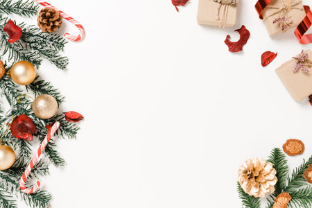 Minimal creative flat lay of christmas traditional composition and new year holiday season. Top view...