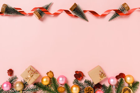 Minimal creative flat lay of christmas traditional composition and new year holiday season. Top view...