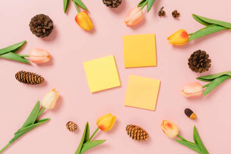 Creative flat lay photo of travel vacation spring or summer tropical fashion. Top view beach accessories on pastel pink color background with blank space for text. Top view copy space photography.の写真素材