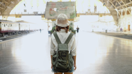 Traveler backpacker Asian woman travel in Bangkok, Thailand. Happy young female direction and looking on location map at train station before travel.の写真素材