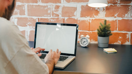 Back view freelance hipster modern Asian man designer working home using laptop in living room at home. Happy young male work while sitting at desk in creative office. Enjoying time at home concept.の写真素材