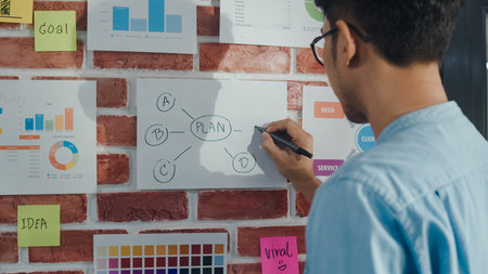 Asian creative man drawing work plan on paper board. Young professional business male think and...