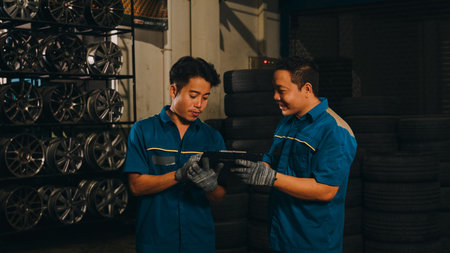Two professional car mechanic using paperwork makes the oil and engine check to the car on lifted automobile at repair service station at night. Skillful Asian guy in uniform fixing car. Car service.の写真素材