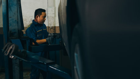 Professional car mechanic screwing details of car engine on lifted automobile at repair service station. Skillful Asian guy in uniform fixing car at mechanics garage at night.の写真素材
