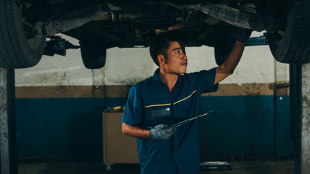 Professional car mechanic screwing details of car engine on lifted automobile at repair service station. Skillful Asian guy in uniform fixing car at mechanics garage at night.の写真素材