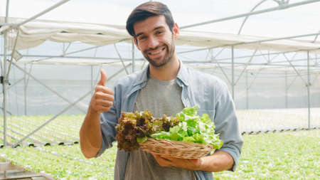 Young hispanic businessman farmer with  good quality product selling plant and vegetable looking at camera at organic farm in greenhouse garden, Farm innovation technology concept.の写真素材