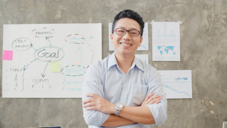 Portrait of successful handsome executive businessman smart casual wear looking at camera and smiling, arms crossed in modern office workplace. Young Asia guy standing in contemporary coworking space.の写真素材