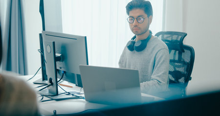 Group Adult Asia male, female freelance typing write prompt AI bot IT app smart program nomad, video game, terminal with coding language, user interface, designer, big data center on desktop computer.の写真素材
