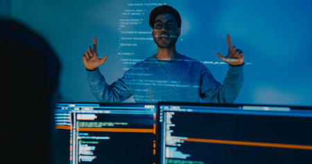 Group adult Asia male software developers mentor leader manager talk strategy plan to executive write prompt AI bot IT app program nomad, video game, designer, data center. Projecting slideshow code.の写真素材