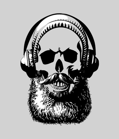 Hipster skull with mustache and beard, in headphones.  illustration. Perfect for t-shirt print and tattoo.のイラスト素材