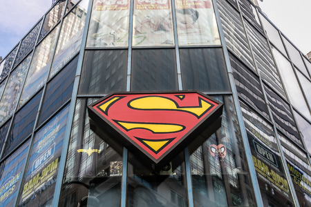 New York, August 2, 2016: A large Superman symbol mounted to a building where Midtown Comics store is located.のeditorial素材