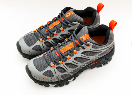 New York, February 3,, 2017:  A pair of brand new gray men's Moab Edge trail shoes by Merrell...