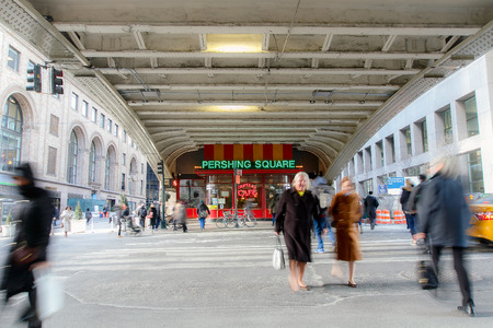 New York, February 21, 2017: People are crossing the 42nd street directly across the main entrance to Grand Central, long exposure, blurred view.のeditorial素材