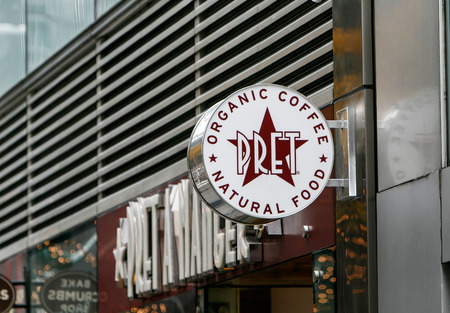 New York, December 08: Sign at the front of a Pret A Manger fast food chain location in Manhattan.のeditorial素材