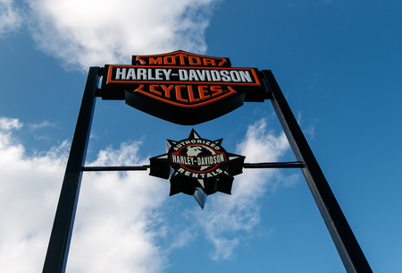 Absecon, NJ, December 10, 2016: Harley Davidson motorcycles sign by their location on NJ route 30.のeditorial素材
