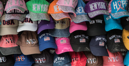 New York, June 29, 2016: A multitude of baseball caps with symbols celebrating New York City are...