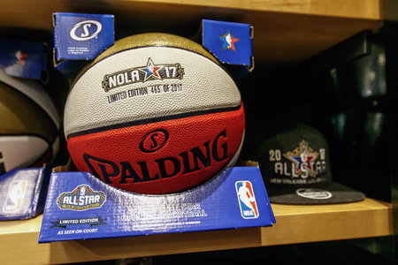 New York, February 21, 2017: 2017 All Star Game limited edition basketball for sale on a shelf in the NBA store in Manhattan.のeditorial素材