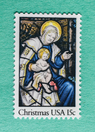US Christmas postage stamp with an illustration of Madonna with Child.のeditorial素材