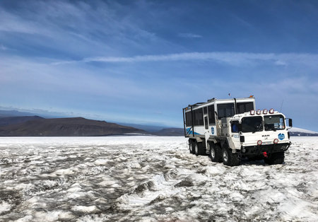 Husafell, Iceland, August 22, 2017: Specialty vehicle for driving on the snow stands on the surface of Langjokull glacier. This is a part ofのeditorial素材