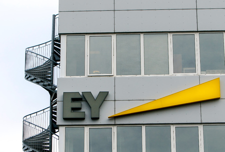 Reykjavik, Iceland, August 24, 2017: Ernst and Young corporate signage is attached to a  building in Reykjavik.のeditorial素材