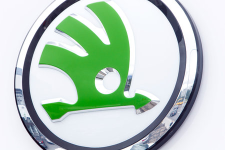 Reykjavik, Iceland, August 25, 2017: Skoda logo at a Skoda dealership in Reykjavik.