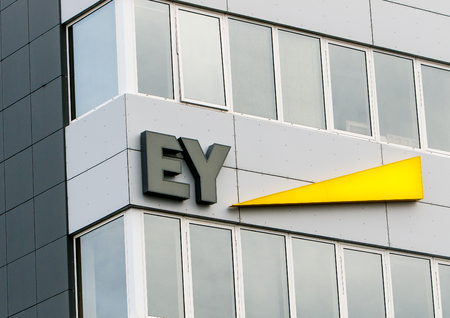 Reykjavik, Iceland, August 24, 2017: Ernst and Young corporate signage is attached to a  building in Reykjavik.のeditorial素材