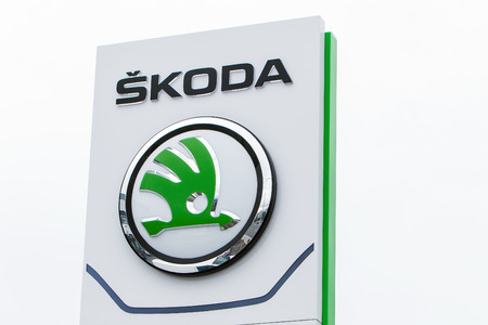 Reykjavik, Iceland, August 25, 2017: Skoda logo at a Skoda dealership in Reykjavik.のeditorial素材