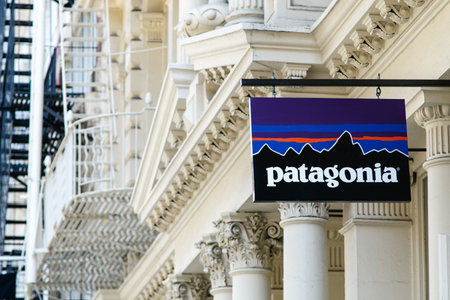New York, September 25, 2017: Patagonia store logo above the entrance to their store in SoHo.