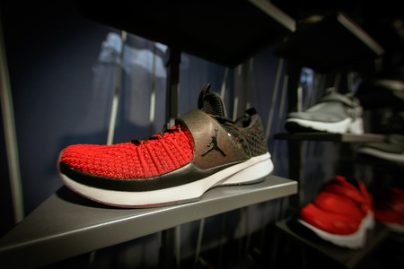 New York, October 20, 2017: Assortment of Air Jordan sneakers on sale in the NBA store in Manhattan.のeditorial素材